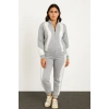Premium Parçalı Eşofman Takım - Dik Yaka Fermuarlı Sweatshirt - Gri