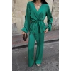 SATEN KRUVAZE BAĞLAMALI BLUZ- PANTOLON TAKIM - Yeşil