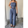 TENCEL CROP ASKILI BLUZ - ŞALVAR PANTOLON TK - İndigo