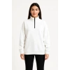 Üç İplik Dık Yaka Yarım Fermuarlı SweatShirt - Beyaz