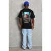 Unisex Oversize Baskılı Bisiklet Yaka T-Shirt - Siyah