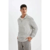 Unisex Uzun Kol Yarım Farmuarlı Yakalı Basic SweatShirt - Gri