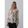 Volanlı Çiçek Desen Şifon Gömlek - Krem