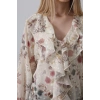 Volanlı Çiçek Desen Şifon Gömlek - Krem