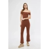 Yüksel Bel Fitilli İspanyol Paça Tayt - Kahve