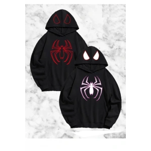 Örümcek Baskılı Sevgili Çift Kombini Kapüşonlu Sweatshirt - Hodie - Siyah