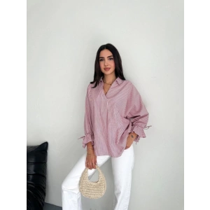 Arkası Asimetrik Yırtmaç Kesim Detaylı Cizgili Bluz Gömlek - Bordo