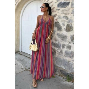 Askılı Pile Detaylı Renkli Maxi Elbise 2748