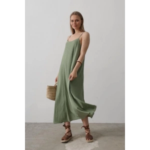 Askılı Uzun Çan Elbise - Haki