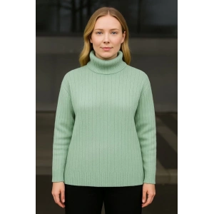 Balıkcı Yaka Bağazlı Triko Kazak Pamuklu Kalın Fitilli Dokuma - Mint Yeşili