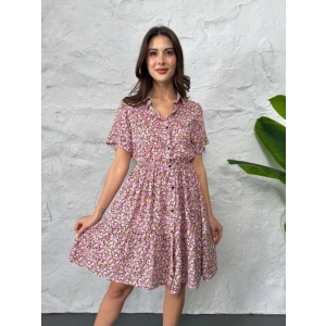 Baskılı Keten Elbise - Lila