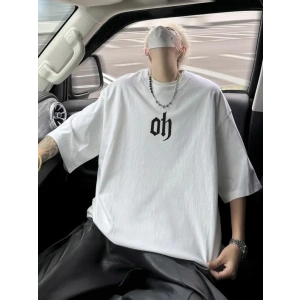 Baskılı Oversize Bisiklet Yaka T-shirt - Beyaz