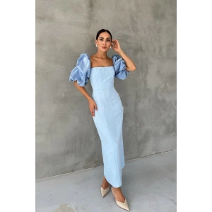 Bebe Mavi İşlemeli Kolu Garnili Elbise