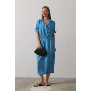 Beli Lastikli Elbise - Mavi