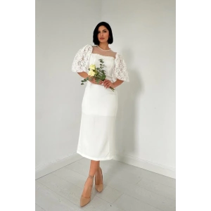 Beyaz İncili Tül Detay Elbise