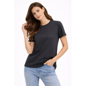 Bisiklet Yaka Tişört Regular Kalıp Basic Pamuklu Günlük Kullanım T-shirt - Füme