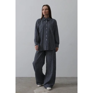 Çizgili Cep Detaylı Oversize Takım - Lacivert