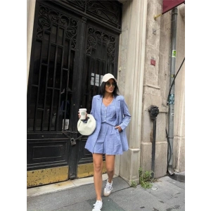 ÇİZGİLİ KETEN CEKET YELEK ŞORT TK - Mavi