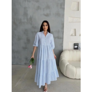 ÇİZGİLİ KETEN HAKİM YAKA DÜĞMELİ SALAŞ ELBİSE - Mavi