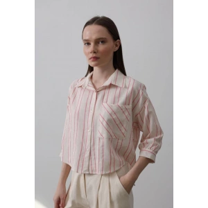 Çizgili Kısa Gömlek - Bej Pembe