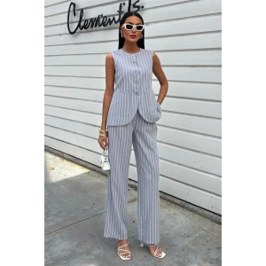 Çizgili Viscon Keten Yelekli Rahat Takım 10121