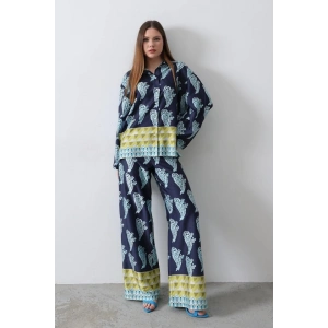 Desenli Saten Bol Takım - İndigo