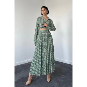Desenli Viskon Gömlek Ve Etek Takım - Yeşil