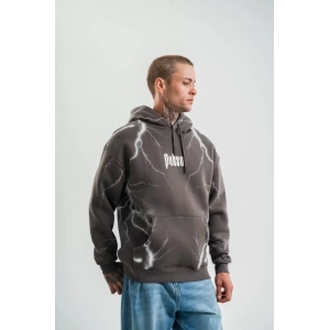 Double Oversize Kapşonlu Şimşek Pano Baskılı SweatShirt - Füme