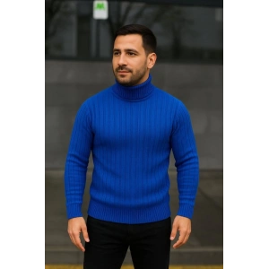 Erkek Balıkcı Yaka Bağazlı Triko Kazak Pamuklu Kalın Fitilli Dokuma, Regular Fit Uzun Kollu Kışlık Model - Saks Mavisi