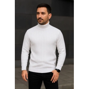 Erkek Balıkcı Yaka Bağazlı Triko Kazak Pamuklu Kalın Fitilli Dokuma, Regular Fit Uzun Kollu Kışlık Model - Beyaz