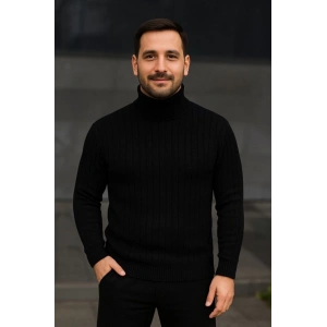 Erkek Balıkcı Yaka Bağazlı Triko Kazak Pamuklu Kalın Fitilli Dokuma, Regular Fit Uzun Kollu Kışlık Model - Siyah