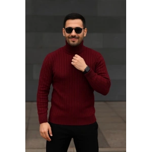 Erkek Balıkcı Yaka Bağazlı Triko Kazak Pamuklu Kalın Fitilli Dokuma, Regular Fit Uzun Kollu Kışlık Model - Bordo