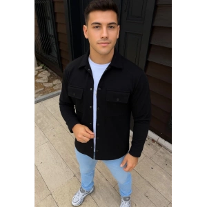 Erkek Diagonal Kumaş Cepli Çıtçıtlı Uzun Kollu, Gömlek Oversize Rahat Kalıp Günlük Şık Stil - Siyah