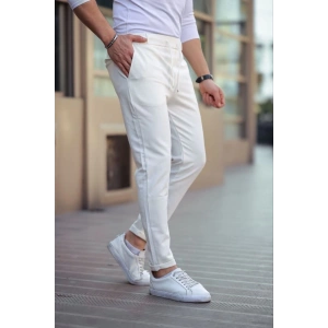 Erkek Diagonel Mikro Dokulu Cepli Beli Lastilki Pantolon - Beyaz