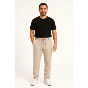 Erkek Diagonel Mikro Dokulu Cepli Pantolon - Bej