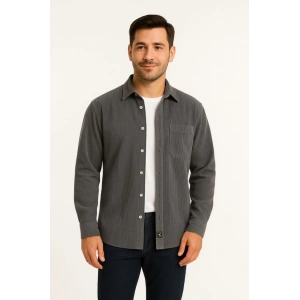 Erkek Fitilli Kadife Cepli Gömlek Oversize Rahat Kalıp - Füme