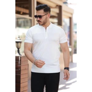 Erkek Göğüs Pirinç Desenli Fermuar Yakalı Kısa Kollu Tişört