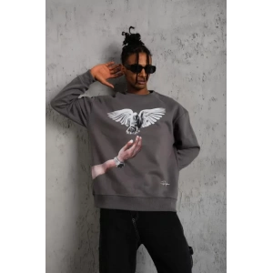 Erkek Güvercin Baskılı Sweatshirt - Gri