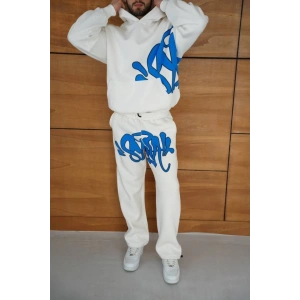 Erkek Kapüşonlu Eşofman Takım Graffiti Baskılı  Oversize Rahat Kalıp, Kanguru Cepli, Streetwear Tarzında Premium Ürün 3 Iplik Pamuklu - Beyaz