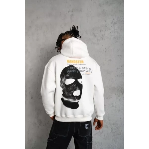 Erkek Kordonlu Maske Baskılı Kapüşonlu Sweat - Beyaz