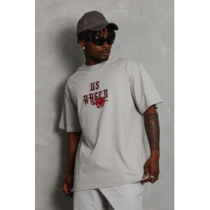 ERKEK Oversize Baskılı Bisiklet Yaka T-Shirt - Gri