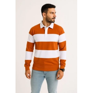 Erkek Polo Yaka Uzun Kollu Çizgili Sweatshirt Trend Rugby Stil - Turuncu