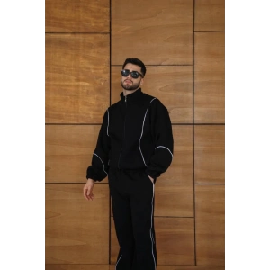Erkek Premium Parçalı Eşofman Takım - Dik Yaka Fermuarlı Biyeli Sweatshirt Lastik Paça Alt, Oversize 3 Iplik Şardonlu - Siyah