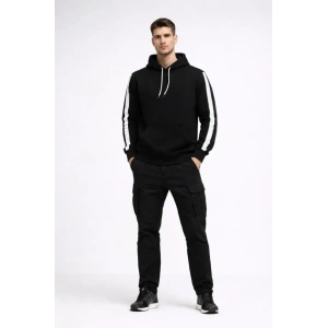 Erkek Şeritli Kapüşonlu Sweatshirt Oversize 3 Iplik Pamuklu - Siyah