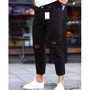 Erkek Siyah Dizi Yırtık Boyfriend Jean