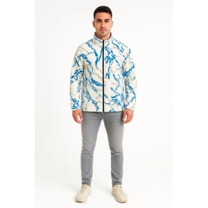 Erkek Tam Fermuarlı Desenli Polar Sweat  Lightning Desen Yakalı, Uzun Kollu, Oversize Rahat Kalıp - Beyaz
