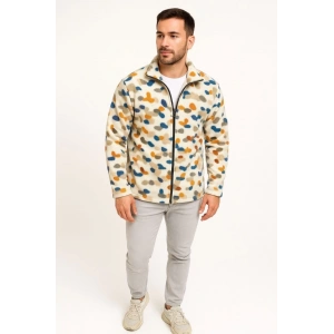 Erkek Tam Fermuarlı Desenli Polar Sweat – Siyah Multicolor Figür Desen Yakalı, Uzun Kollu, Oversize Rahat Kalıp- Beyaz