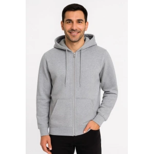 Erkek Üç İplik Kapüşonlu Tam Fermuarlı Kanguru Çepli SweatShirt Hoodie - Gri