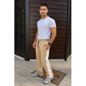 Erkek Üç İplik Kışlık Pamuklu Yandan Garneli Kalın Şeritli Cepli Eşofman Altı - Bej