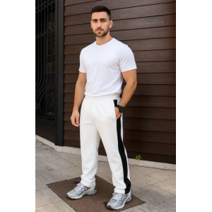Erkek Üç İplik Kışlık Pamuklu Yandan Garneli Kalın Şeritli Cepli Eşofman Altı - Beyaz